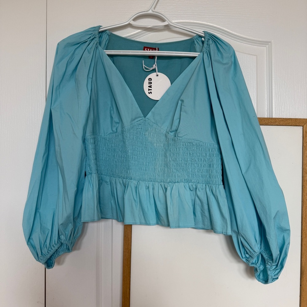 STAUD NWT Blue Smocked Long Sleeve Top